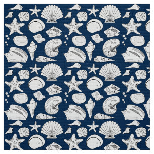 Seashell Drawing White Navy Blue Nautical Stof