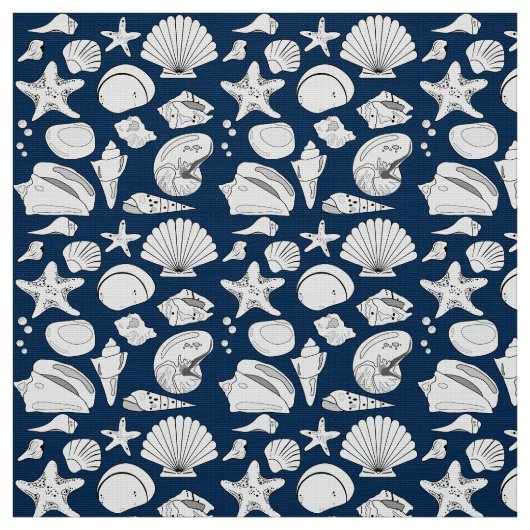 Seashell Drawing White Navy Blue Nautical Stof (Swatch)