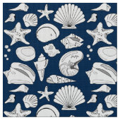 Seashell Drawing White Navy Blue Nautical Stof (Close Up)