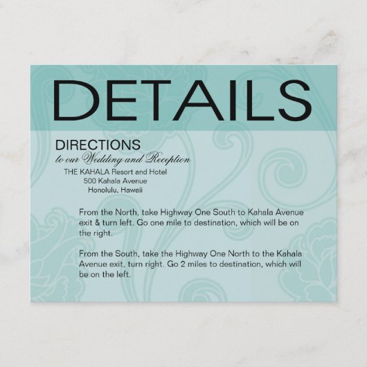 Seashell Dreams Beach Wedding Directions aqua Informatiekaartje (Voorkant)