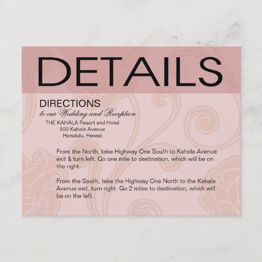 Seashell Dreams Beach Wedding Directions roze Informatiekaartje (Voorkant)