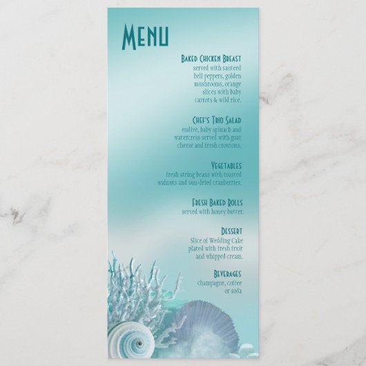 Seashell Dreams Beach Wedding Menu aqua (Voorkant)