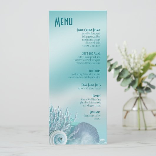 Seashell Dreams Beach Wedding Menu aqua (Staand voorkant)