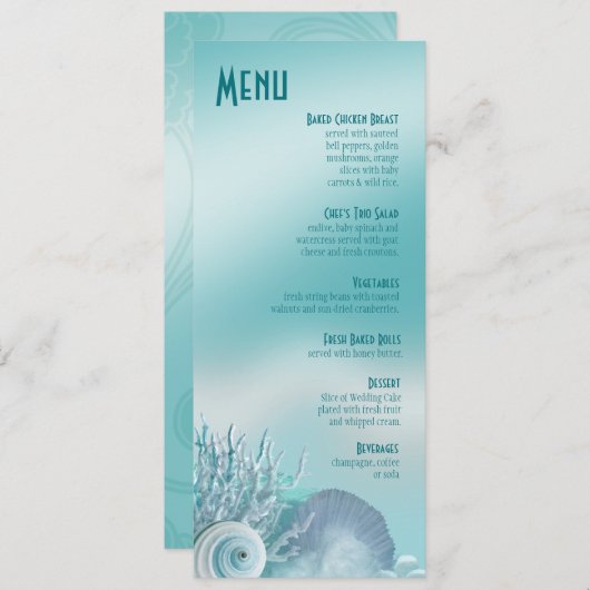 Seashell Dreams Beach Wedding Menu aqua (Voorkant / Achterkant)