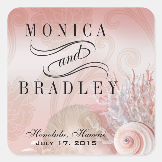 Seashell Dreams Strand Bruiloft roze Vierkante Sticker (Voorkant)