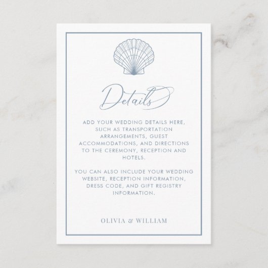 Seashell Dusty Blue Beach bruiloft details Informatiekaartje (Voorkant)