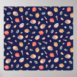 Seashell elegantie: Zomer blauw patroon. Poster