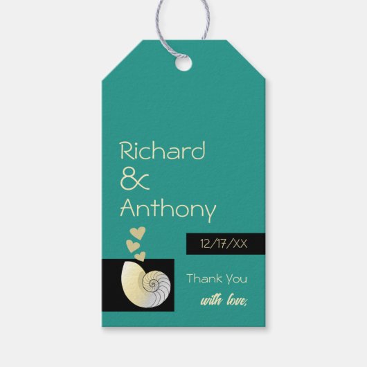 Seashell en harten, strand bruiloft dank u cadeaulabel (Voorkant)