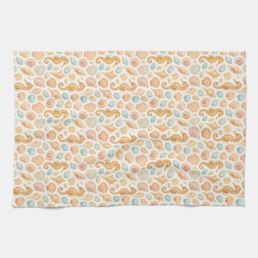 Seashell en zeepaardje waterverf patroon theedoek (Horizontaal)