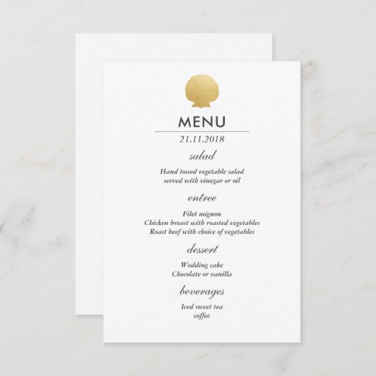 Seashell Faux Gold Foil | Ocean Wedding Menu Kaart (Voorkant / Achterkant)