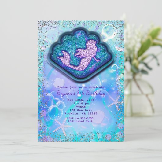 Seashell Fit for a Mermaid Glitter Birthday Party Kaart (Staand voorkant)