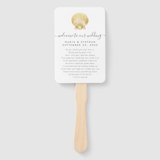Seashell Gold Dusty Blue Beach huwelijksprogramma  Handwaaier (Voorkant)