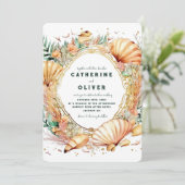 Seashell Gold Lijst Ocean Summer Beach Wedding Kaart (Staand voorkant)
