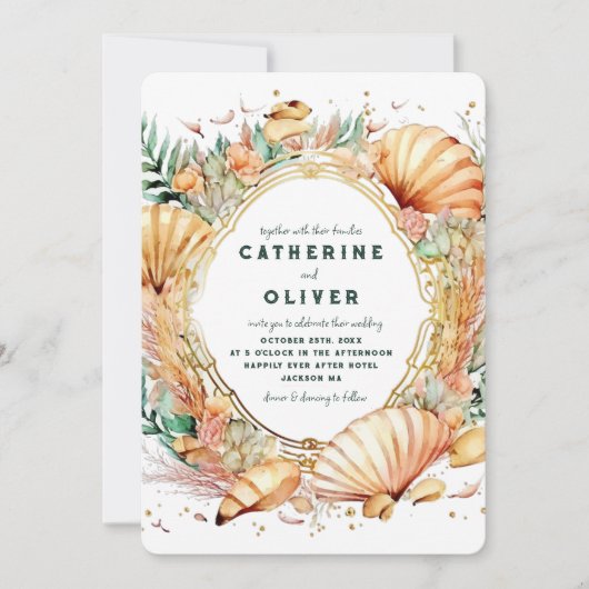 Seashell Gold Lijst Ocean Summer Beach Wedding Kaart (Voorkant)
