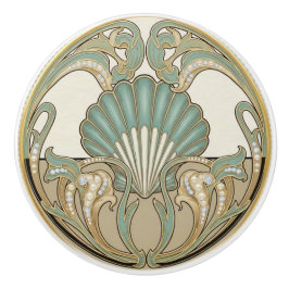 Seashell Green Cream & Gold Art Deco Nouveau Shell Keramische Knop