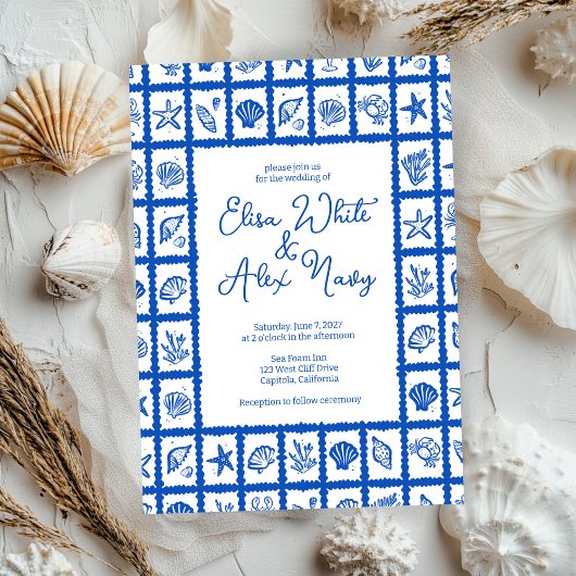 Seashell Grid Beach Seaside Wedding CUSTOM Kaart