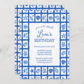 Seashell Grid Beach Verjaardagsfeest Blauw CUSTOM Kaart (Voorkant / Achterkant)