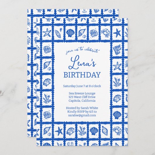 Seashell Grid Beach Verjaardagsfeest Blauw CUSTOM Kaart (Voorkant / Achterkant)