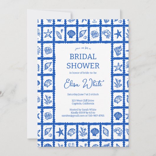 Seashell Grid Beach Vrijgezellenfeest Blue CUSTOM Kaart (Voorkant)