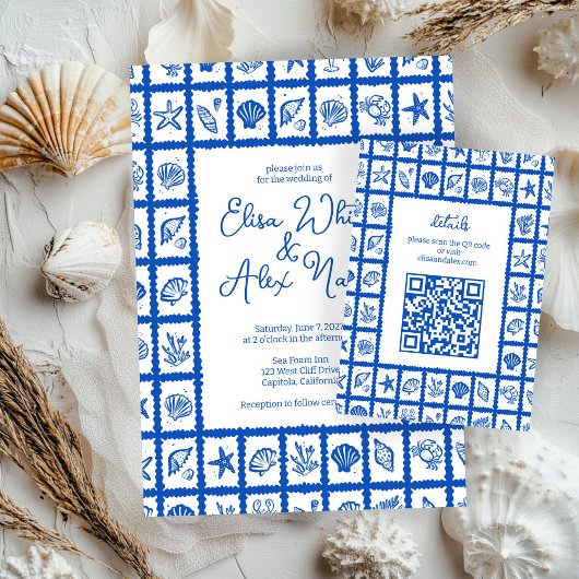 Seashell Grid Beach Wedding AANGEPASTE QR-code Informatiekaartje