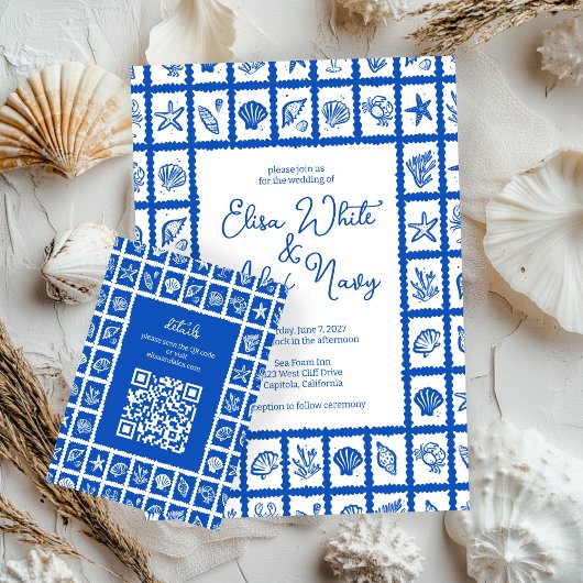 Seashell Grid Beach Wedding AANGEPASTE QR-code Informatiekaartje