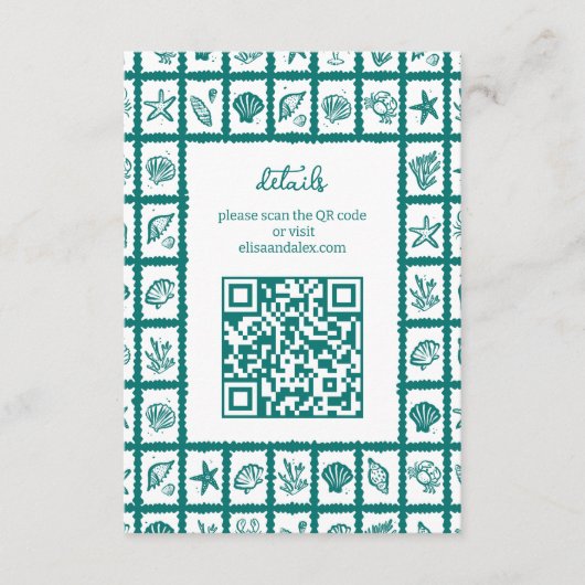Seashell Grid Beach Wedding AANGEPASTE QR-code Informatiekaartje (Voorkant)