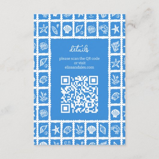 Seashell Grid Beach Wedding AANGEPASTE QR-code Informatiekaartje (Voorkant)