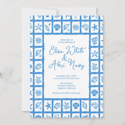 Seashell Grid Beach Wedding AANGEPASTE QR-code Kaart (Voorkant)