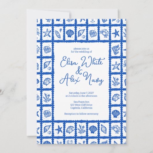 Seashell Grid Beach Wedding AANGEPASTE QR-code Kaart (Voorkant)