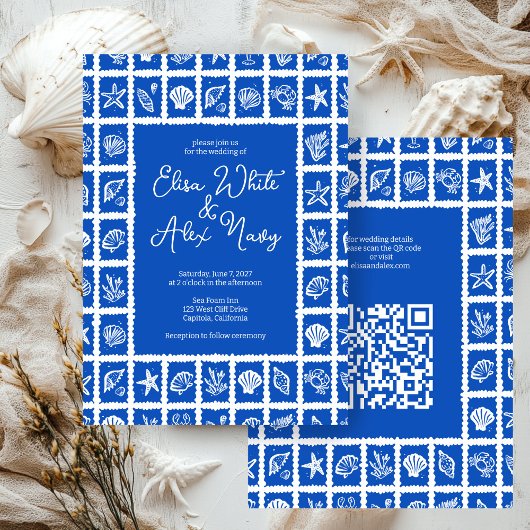 Seashell Grid Beach Wedding AANGEPASTE QR-code Kaart
