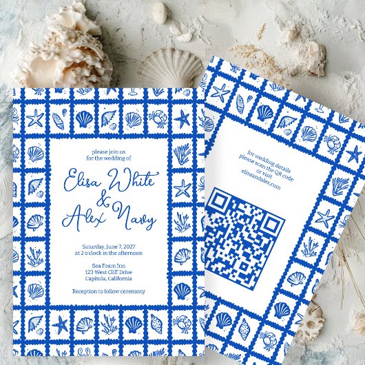 Seashell Grid Beach Wedding AANGEPASTE QR-code Kaart