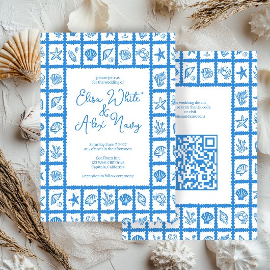 Seashell Grid Beach Wedding AANGEPASTE QR-code Kaart