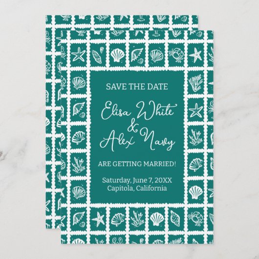 Seashell Grid Beach Wedding AANGEPASTE QR-code Save The Date (Voorkant / Achterkant)