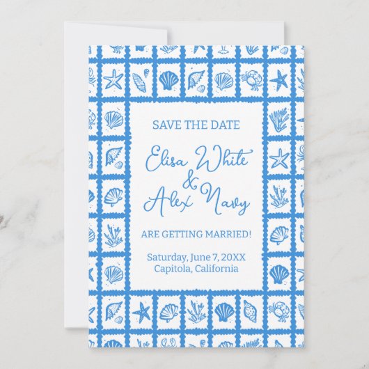 Seashell Grid Beach Wedding AANGEPASTE QR-code Save The Date (Voorkant)