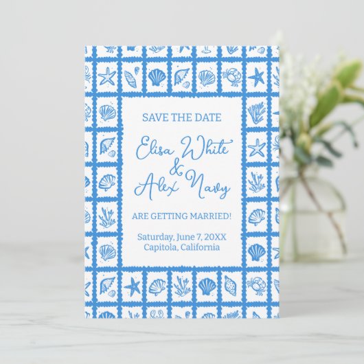 Seashell Grid Beach Wedding AANGEPASTE QR-code Save The Date (Staand voorkant)