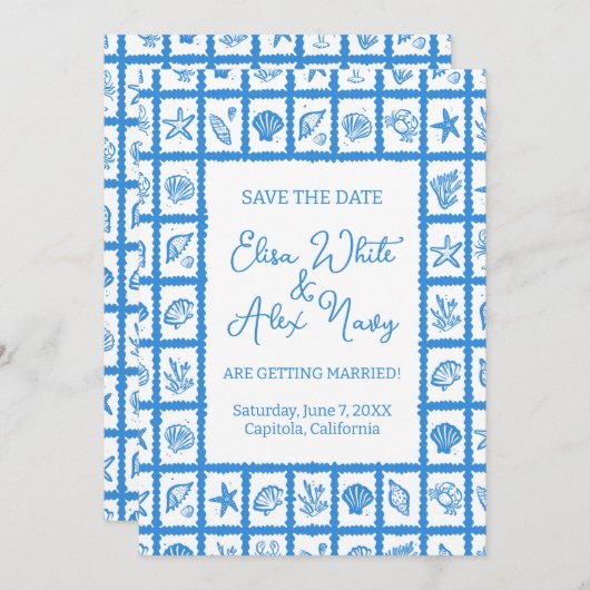 Seashell Grid Beach Wedding AANGEPASTE QR-code Save The Date (Voorkant / Achterkant)