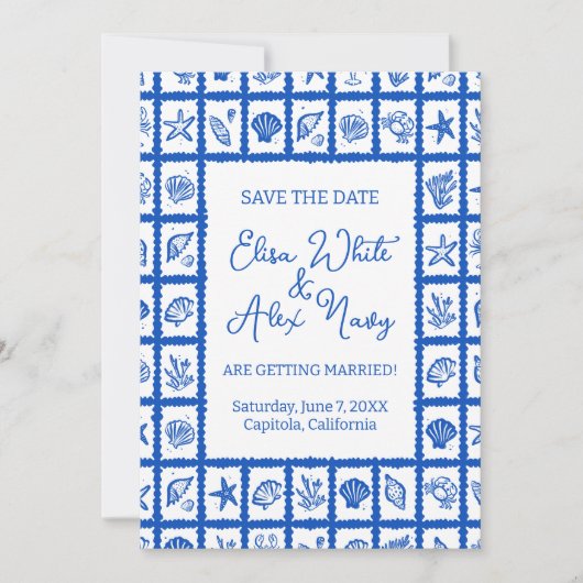 Seashell Grid Beach Wedding AANGEPASTE QR-code Save The Date (Voorkant)
