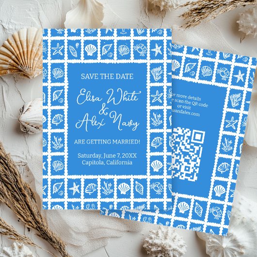 Seashell Grid Beach Wedding AANGEPASTE QR-code Save The Date