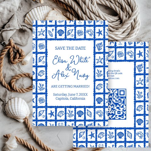 Seashell Grid Beach Wedding AANGEPASTE QR-code Save The Date
