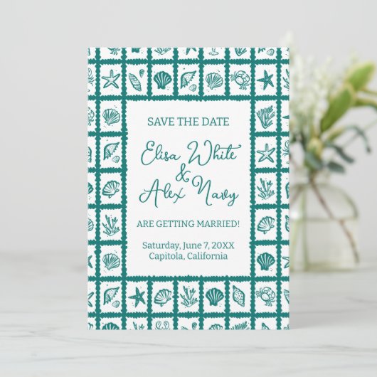 Seashell Grid Beach Wedding AANGEPASTE QR-code Save The Date (Staand voorkant)