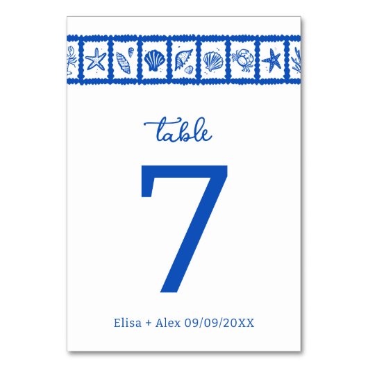 Seashell Grid Beach Wedding Blauw Wit CUSTOM Kaart (Voorkant)