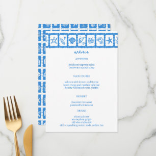 Seashell Grid Beach Wedding Blauw Wit CUSTOM Menu