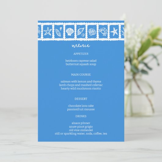 Seashell Grid Beach Wedding Blauw Wit CUSTOM Menu (Staand voorkant)
