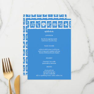 Seashell Grid Beach Wedding Blauw Wit CUSTOM Menu