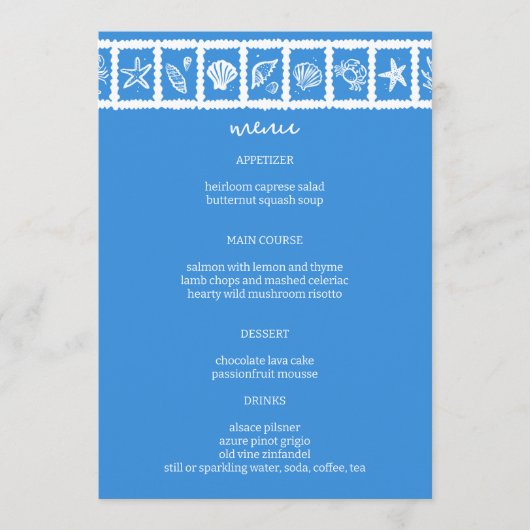 Seashell Grid Beach Wedding Blauw Wit CUSTOM Menu (Voorkant)