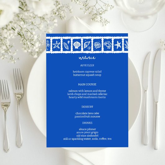 Seashell Grid Beach Wedding Blauw Wit CUSTOM Menu