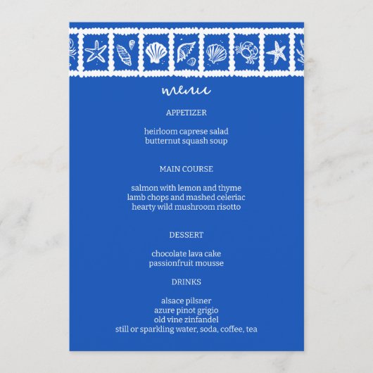 Seashell Grid Beach Wedding Blauw Wit CUSTOM Menu (Voorkant)
