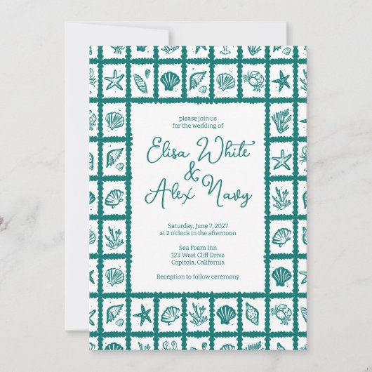 Seashell Grid Beach Wedding Groen CUSTOM QR Code Kaart (Voorkant)