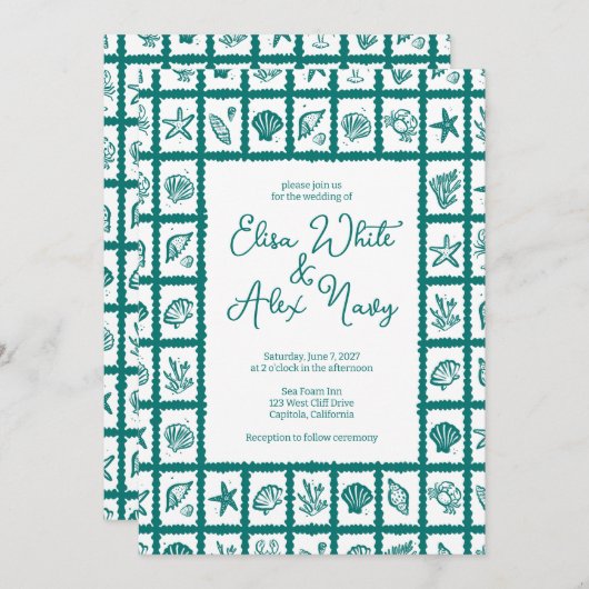 Seashell Grid Beach Wedding Groen CUSTOM QR Code Kaart (Voorkant / Achterkant)