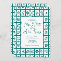 Seashell Grid Beach Wedding Groen CUSTOM QR Code